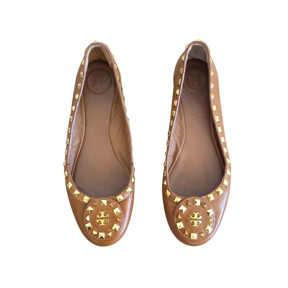 Tory Burch Royal Tan  & Gold Studded Leather Dale Ballet Flats Size Size 7.5M